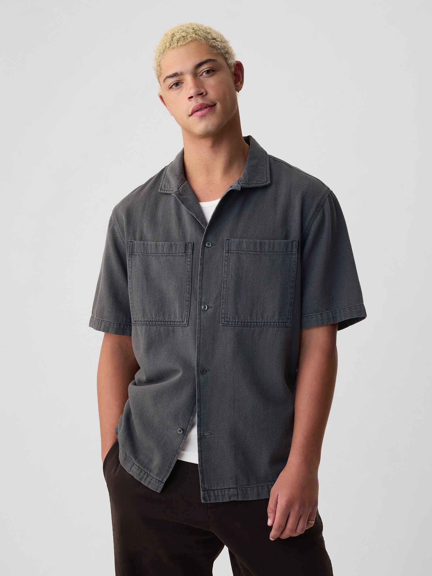 Shop Gap Double-pocket Denim Shirt In Charcoal