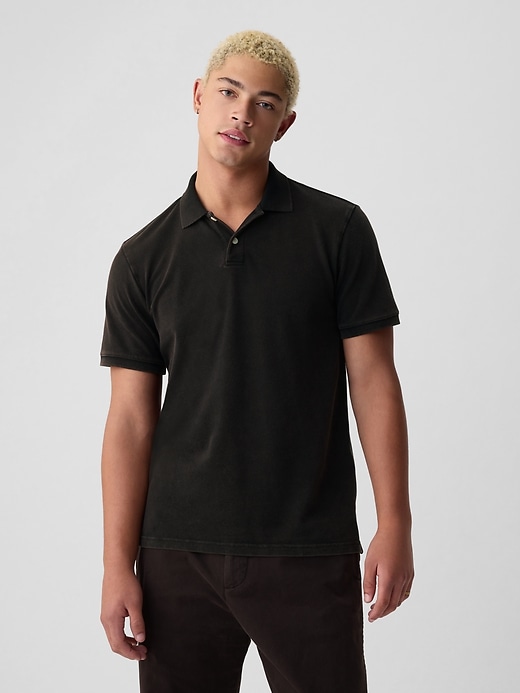 1 of 8 showing, with the color washed black of product Washed Pique Polo Shirt