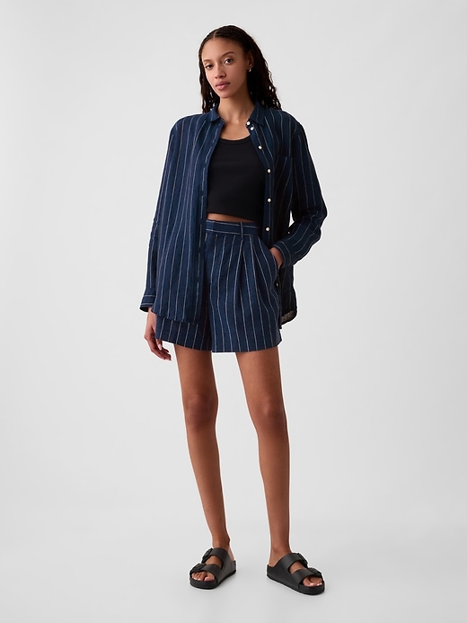 1 of 8 showing, with the color navy blue pinstripe of product 365 High Rise Linen-Blend Shorts