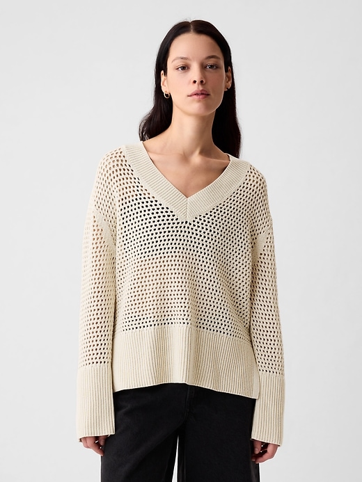 1 of 8 showing, with the color chino beige of product 24/7 Split-Hem Crochet Sweater