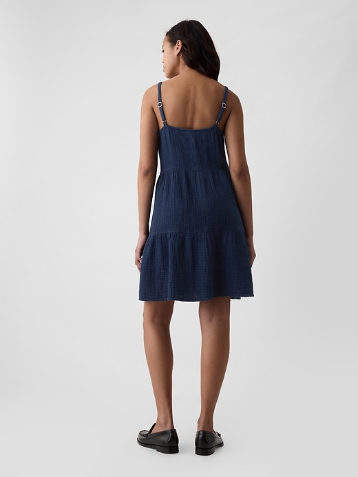 2 of 8 showing, with the color dark wash indigo of product Crinkle Gauze Tiered Mini Dress