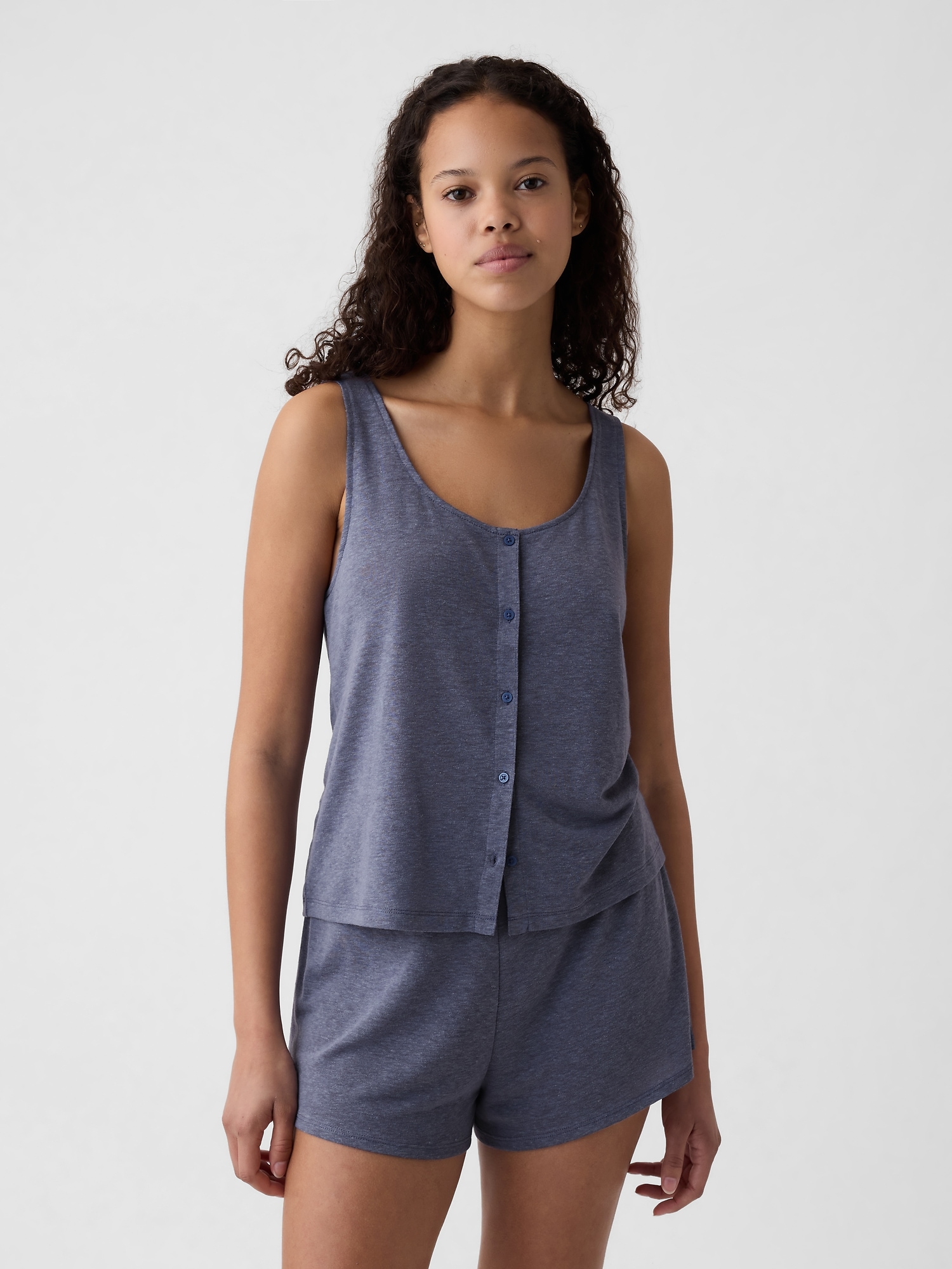 Linen-Blend Snap PJ Tank Top