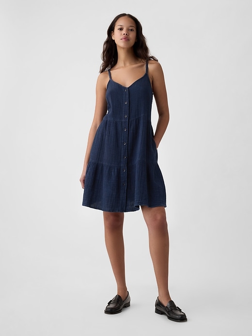 1 of 8 showing, with the color dark wash indigo of product Crinkle Gauze Tiered Mini Dress