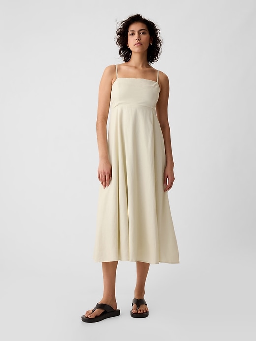 1 of 8 showing, with the color bedrock beige of product Linen-Blend Midi Dress
