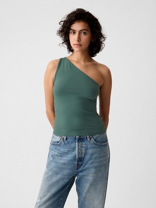 1 of 8 showing, with the color forest green of product Modern One-Shoulder Cropped Tank Top