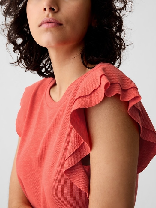 2 of 8 showing, with the color fire coral red of product Essential Rib Flutter-Sleeve Shirt