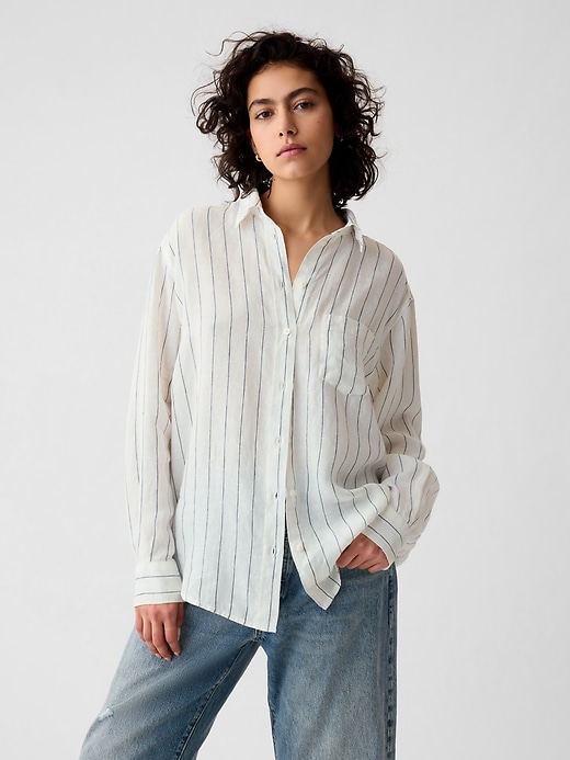 1 of 8 showing, with the color white and navy blue stripe of product 100% Linen Big Shirt