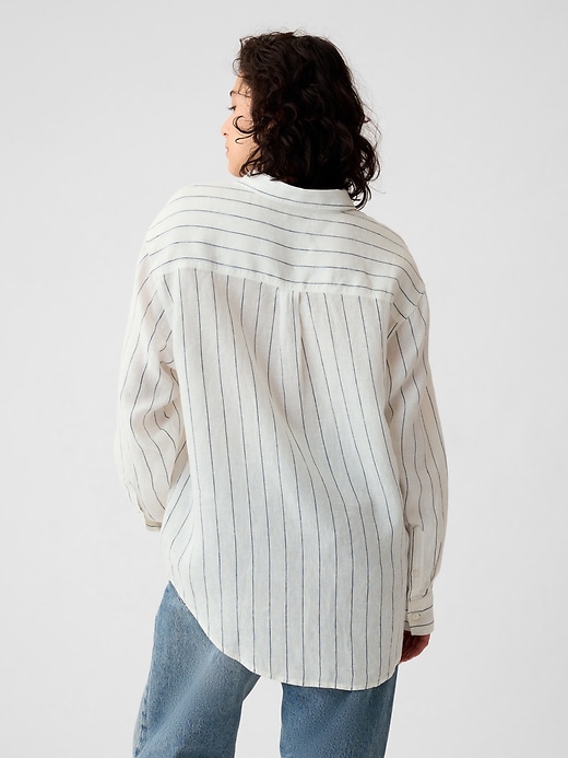 2 of 8 showing, with the color white and navy blue stripe of product 100% Linen Big Shirt