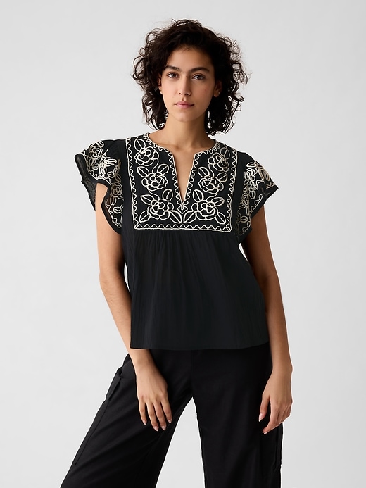 Crinkle Gauze Embroidered Cropped Shirt | Gap
