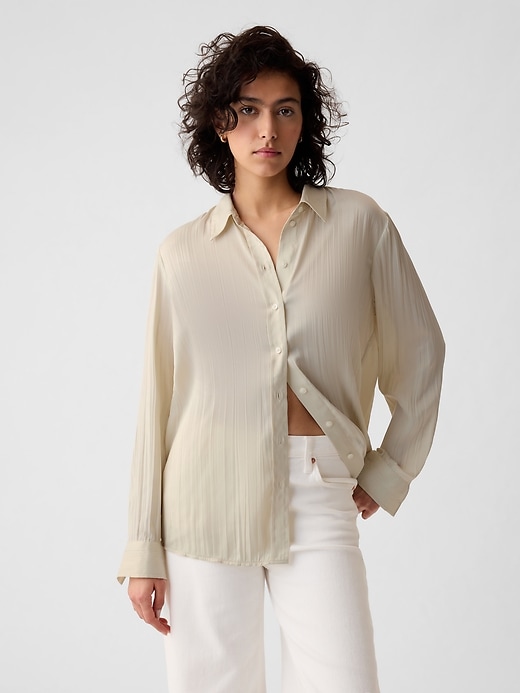 1 of 8 showing, with the color chino beige of product Pleated Satin Boyfriend Shirt