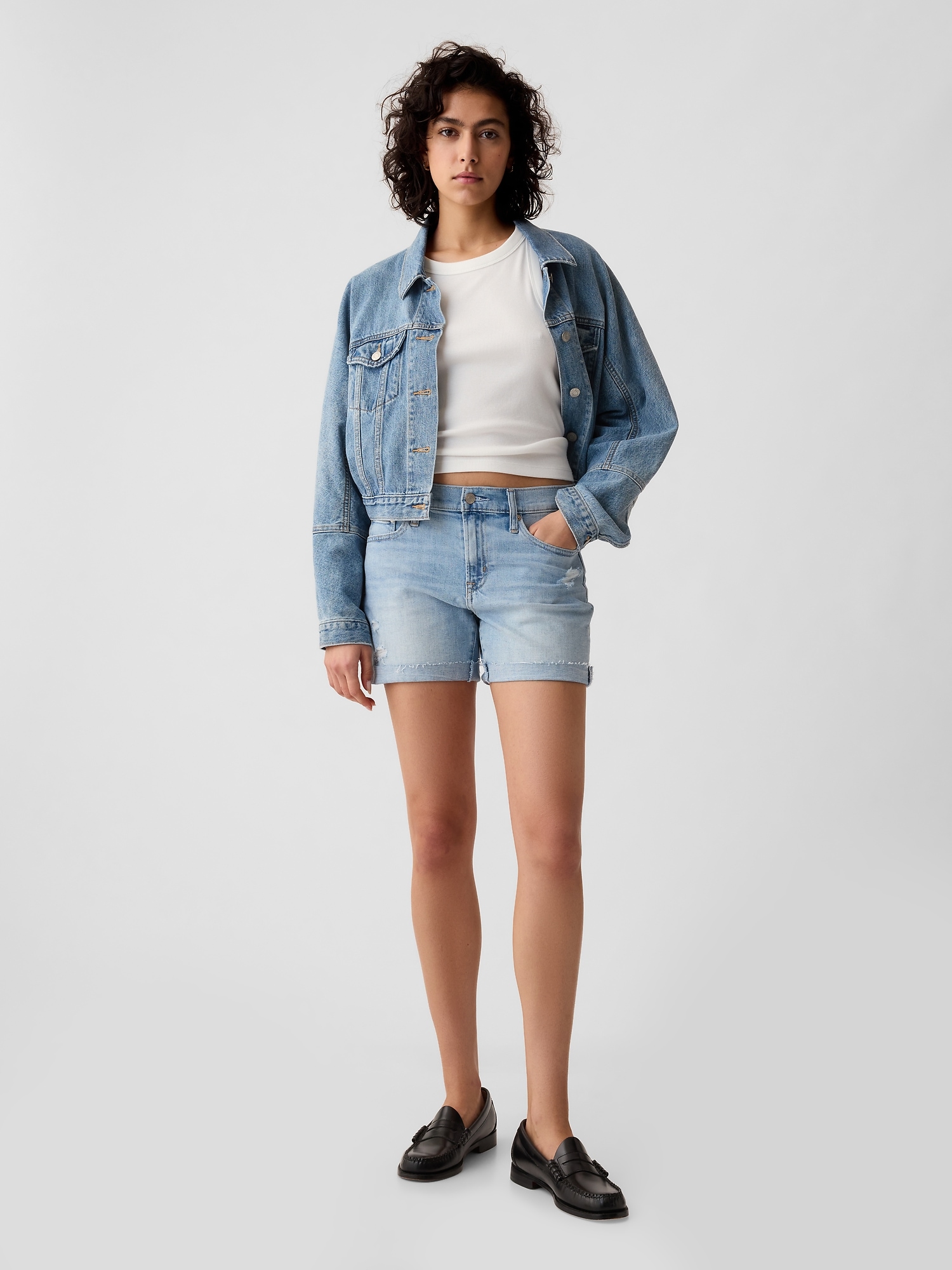 5 Mid Rise Denim Girlfriend Shorts