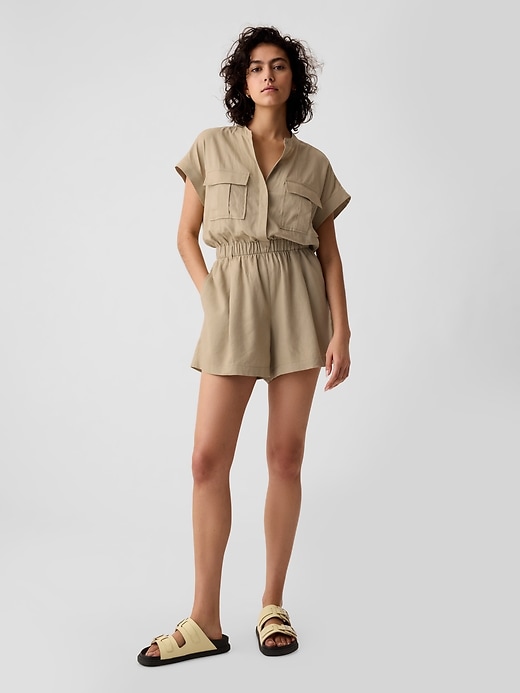 1 of 8 showing, with the color iconic khaki tan of product Linen-Blend Utility Romper