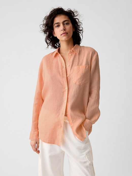1 of 8 showing, with the color peach parfait orange of product 100% Linen Boyfriend Shirt