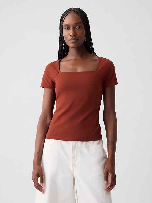 1 of 8 showing, with the color smoked paprika brown of product Compact Jersey Square-Neck Shirt