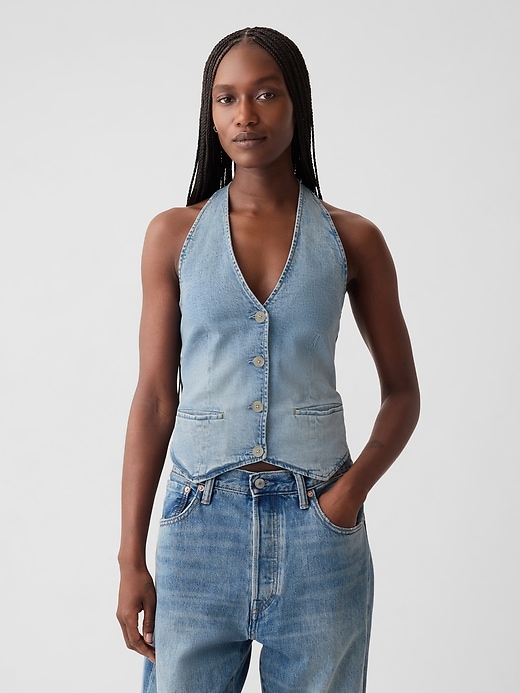 1 of 8 showing, with the color light wash indigo of product Denim Halter Vest