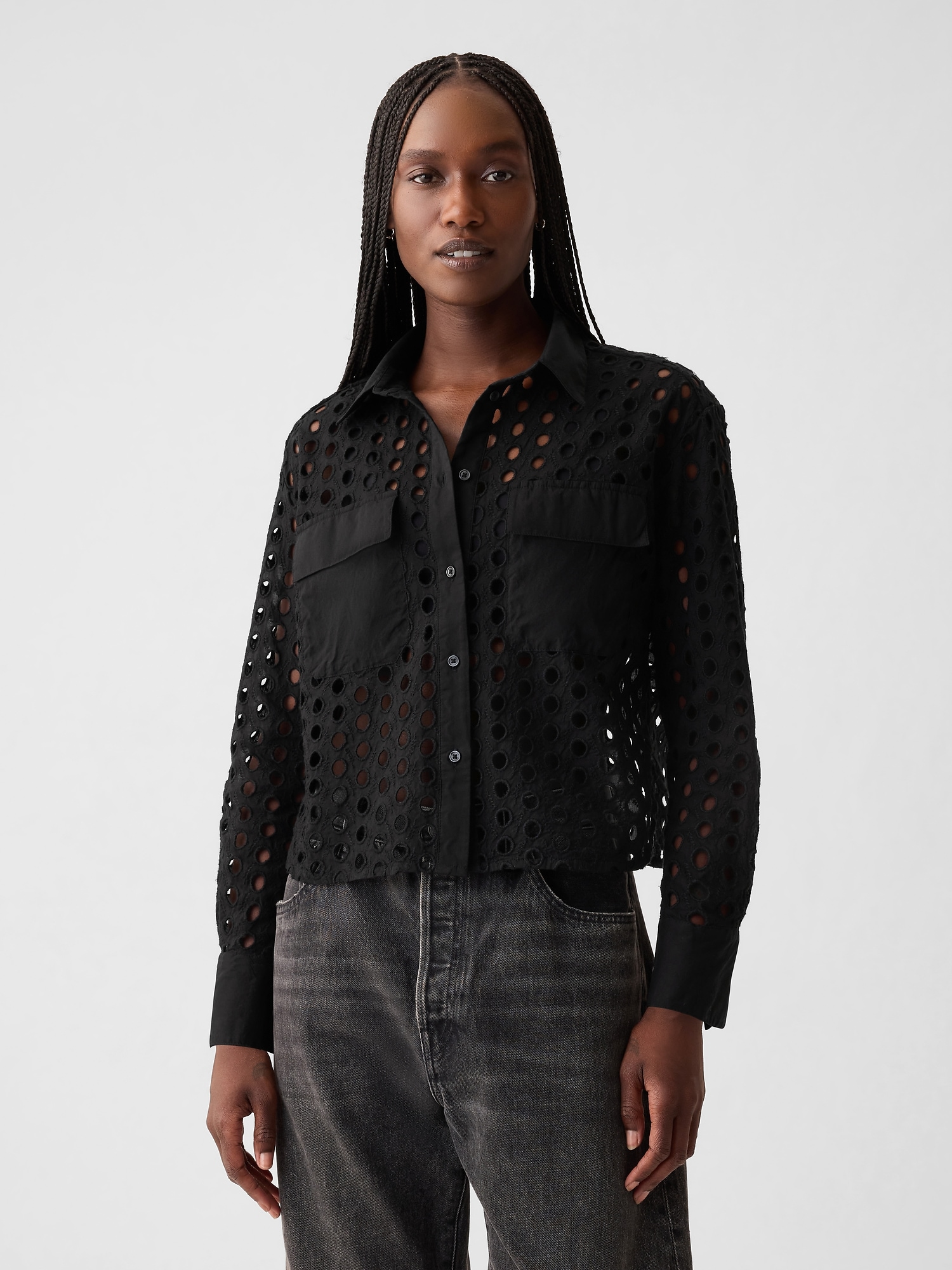 Shop Gap Eyelet Cropped Shirt In Black