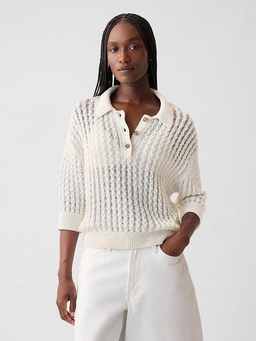 1 of 8 showing, with the color new off white of product Linen-Cotton Textured Polo Sweater