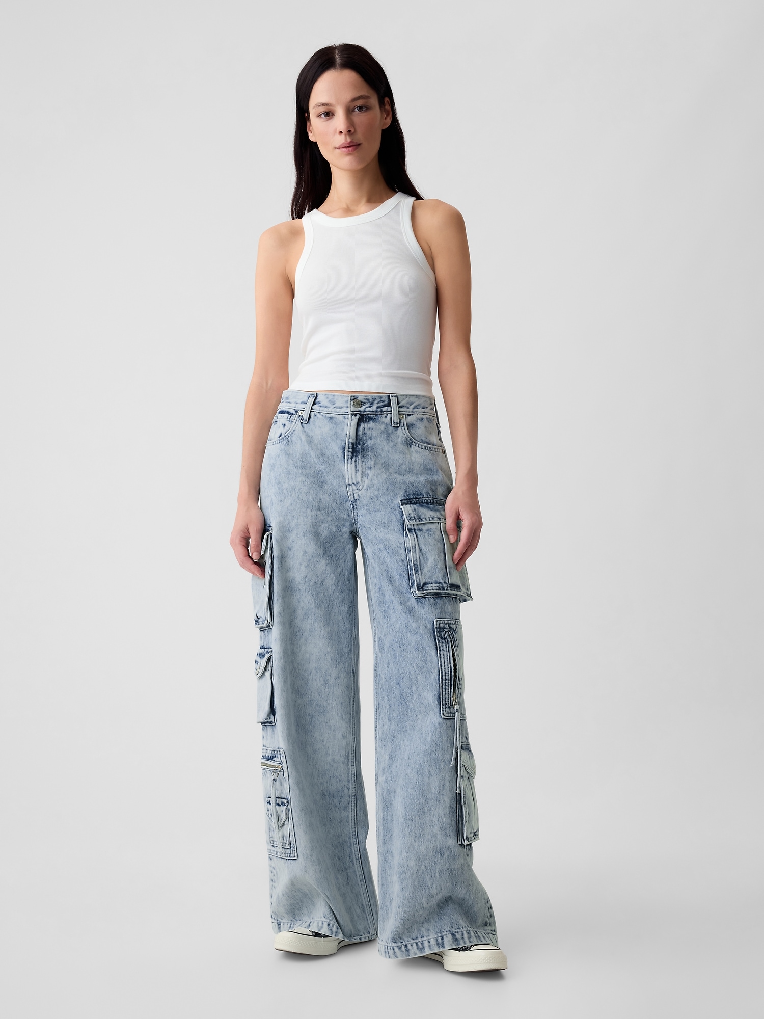 Gap Mid Rise Cargo Baggy Jeans In Blue