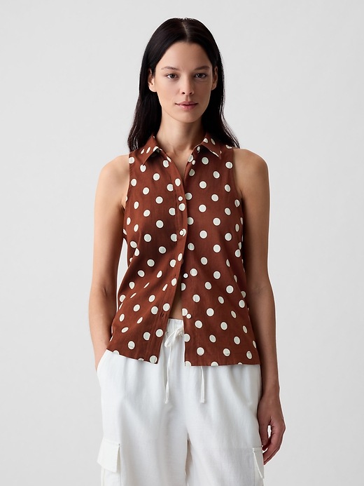 1 of 8 showing, with the color brown & white polka dot of product Linen-Blend Shirt