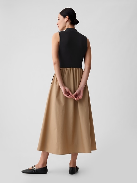 2 of 8 showing, with the color black and khaki tan of product Mockneck Mixed Media Midi Dress