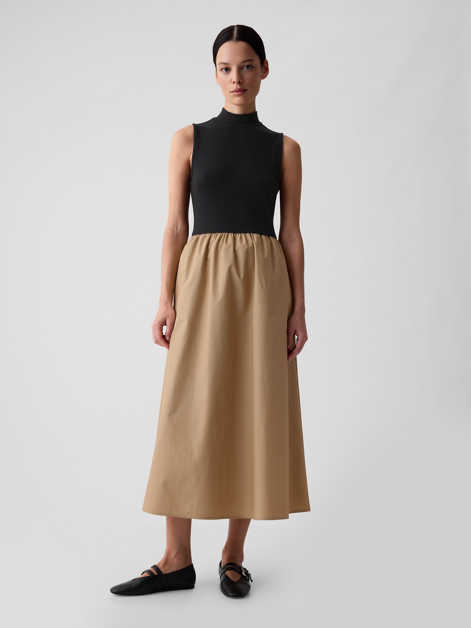 Gap Mockneck Mixed Media Midi Dress In Black &amp; Khaki Tan