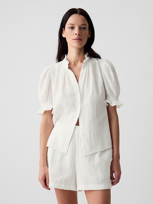 1 of 8 showing, with the color new off white of product Crinkle Gauze Puff Sleeve Shirt
