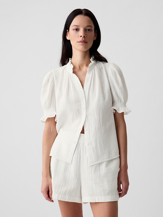 Image number 6 showing, Crinkle Gauze Puff Sleeve Shirt