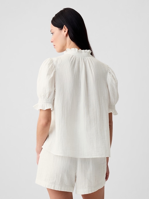 2 of 8 showing, with the color new off white of product Crinkle Gauze Puff Sleeve Shirt