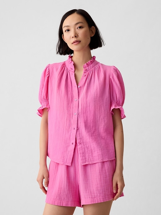 1 of 8 showing, with the color indie pink of product Crinkle Gauze Puff Sleeve Shirt