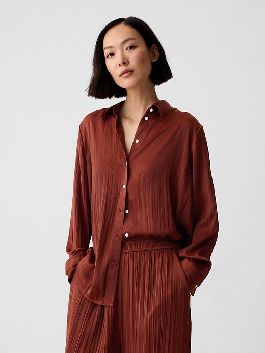 1 of 8 showing, with the color smoked paprika brown of product Pleated Satin Boyfriend Shirt