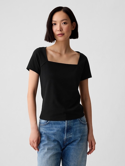 1 of 8 showing, with the color black of product Compact Jersey Square-Neck Shirt
