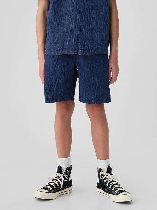 2 of 8 showing, with the color medium indigo of product Kids Seersucker Easy Shorts