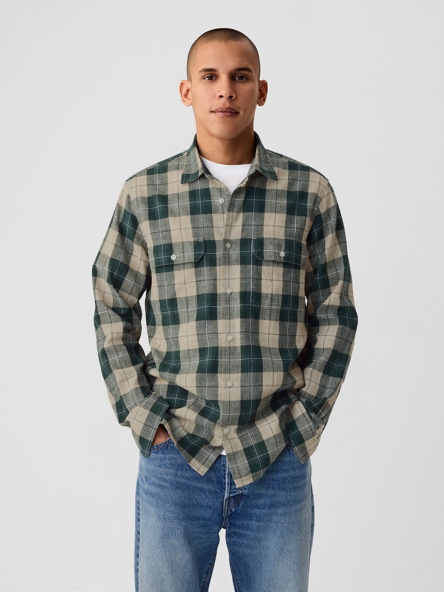 Shop Gap Linen-cotton Shirt In Green Plaid