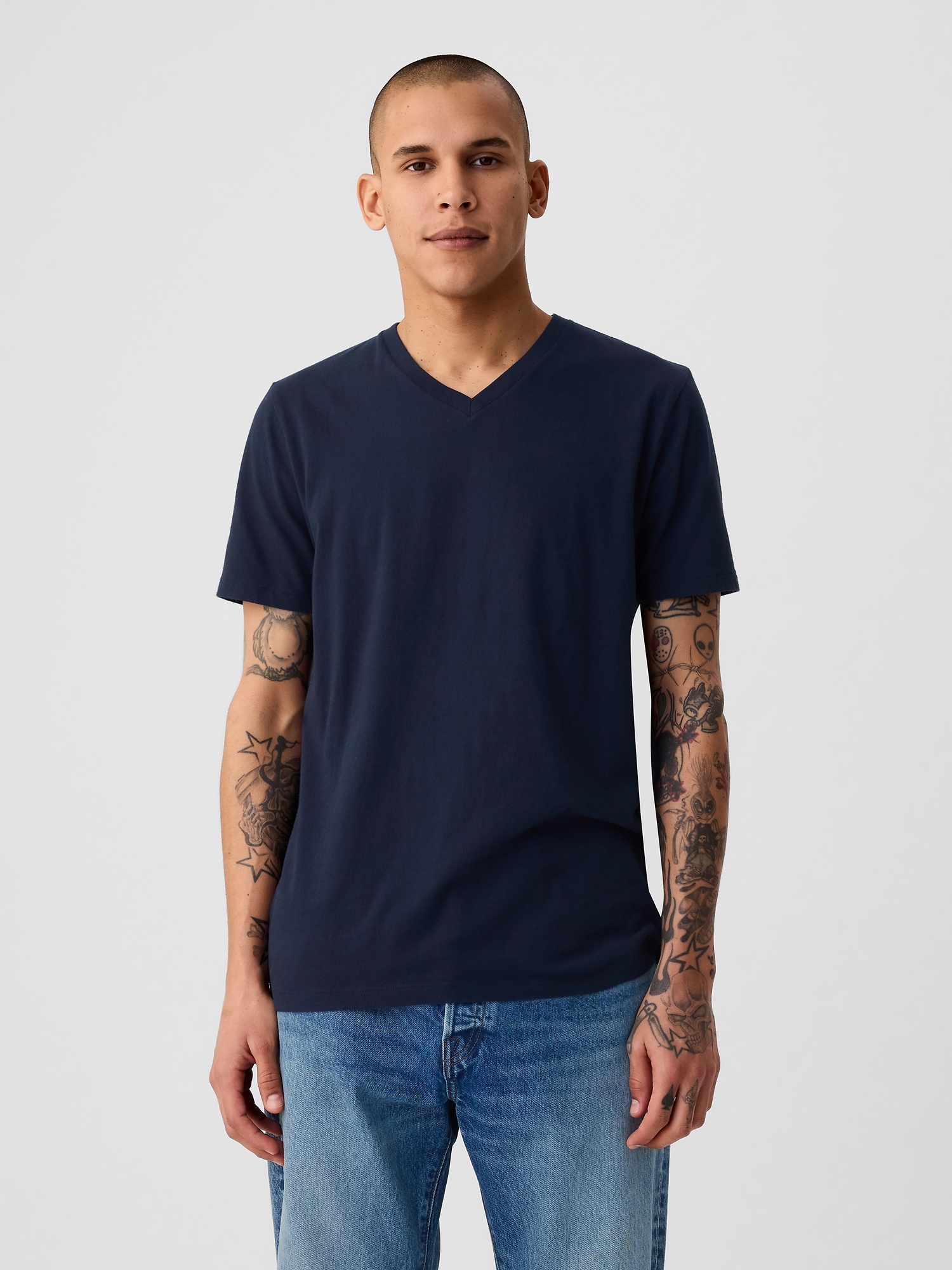 Cotton Jersey V-Neck T-Shirt - Blue