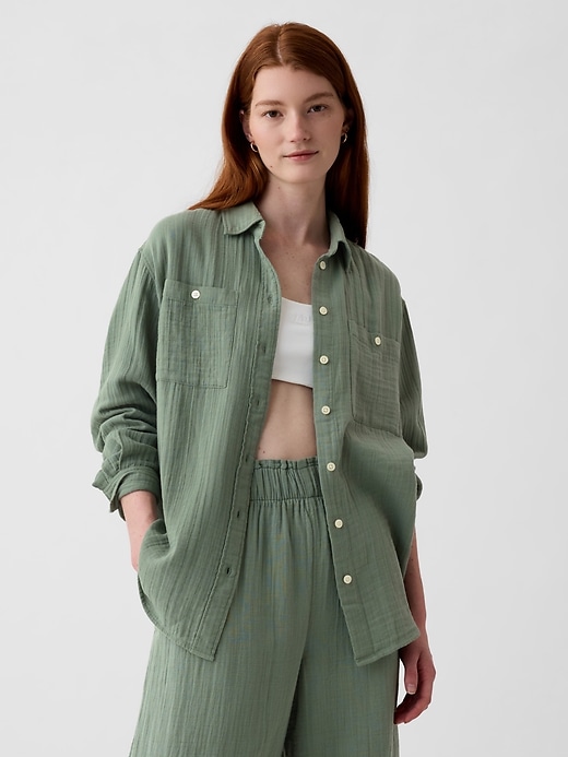1 of 8 showing, with the color laurel wreath green of product Crinkle Gauze Big Shirt