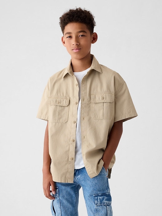 1 of 8 showing, with the color khaki of product Kids Ripstop Utility Shirt