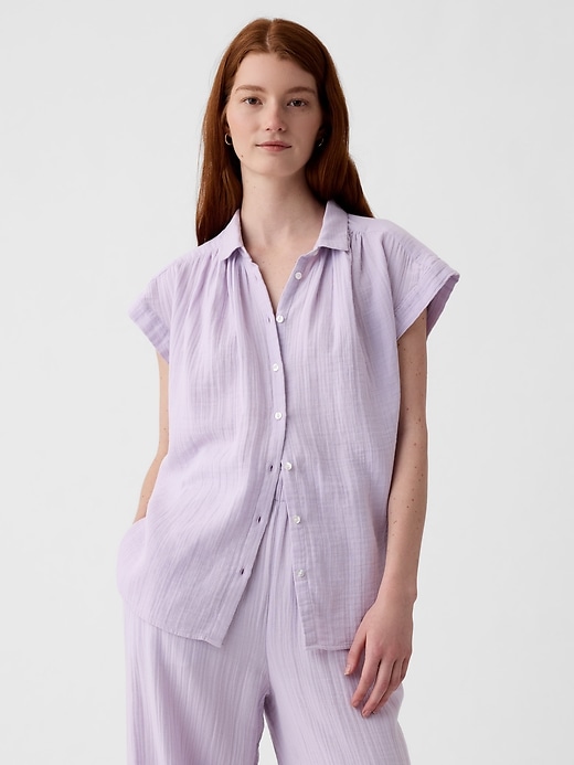 1 of 8 showing, with the color orchid petal purple of product Crinkle Gauze Shirt