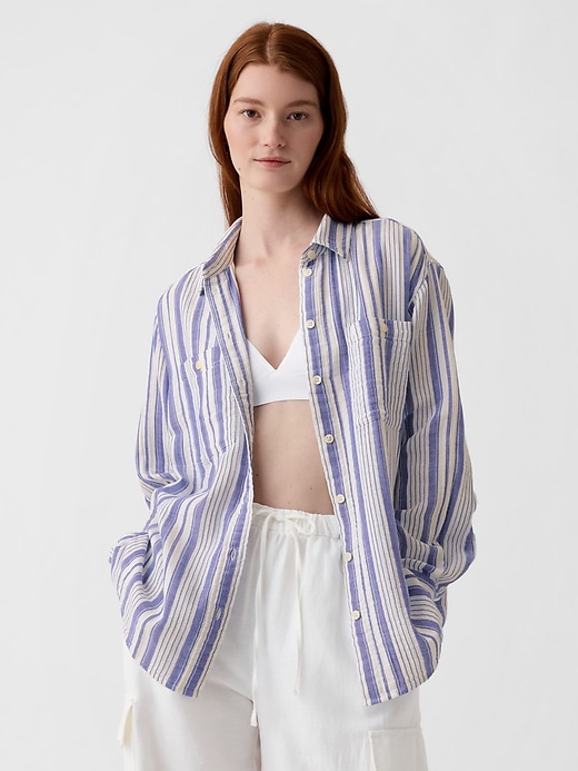 1 of 8 showing, with the color blue & white stripe of product Crinkle Gauze Big Shirt