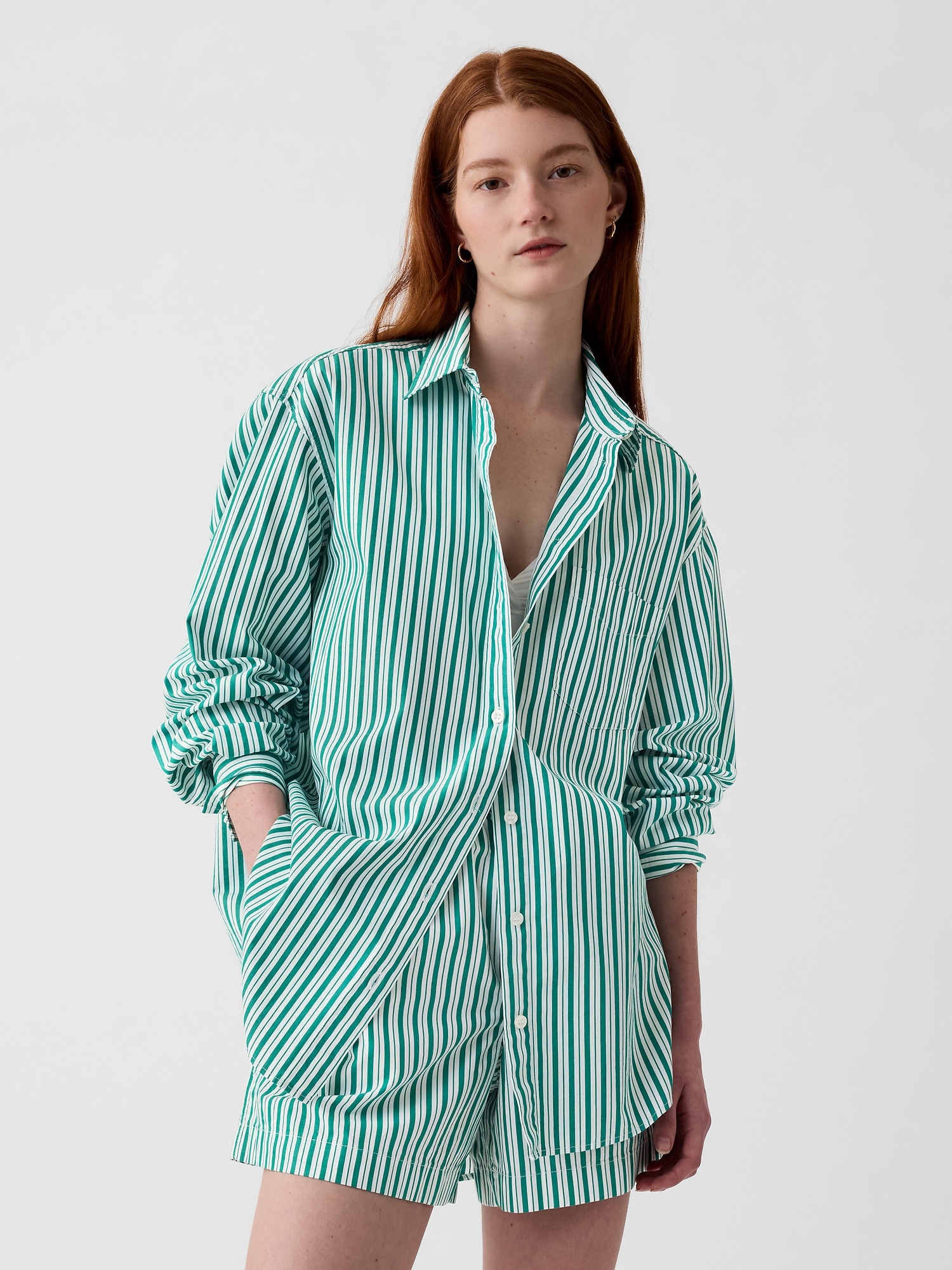 Organic Cotton Poplin Big Shirt - White & Green Stripe