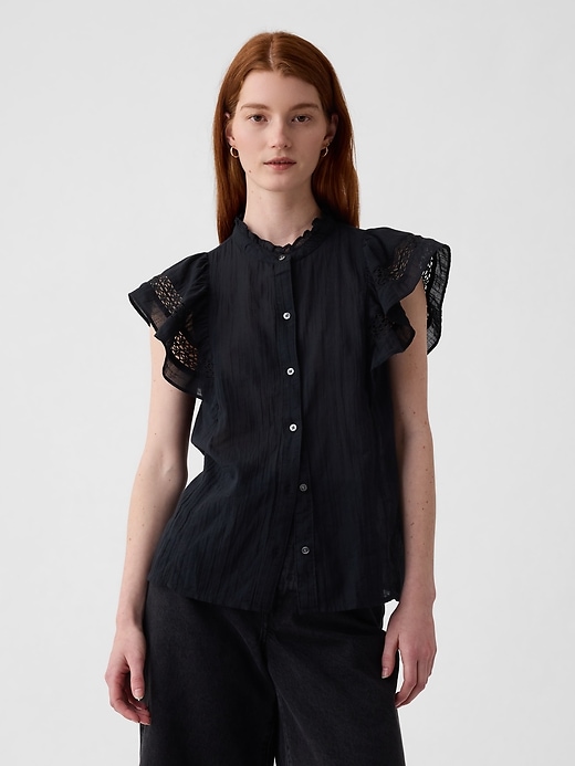 1 of 8 showing, with the color black of product Textured Crinkle Flutter Sleeve Shirt