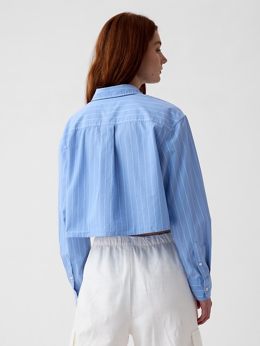 2 of 8 showing, with the color blue & white pinstripe of product Organic Cotton Cropped Shirt