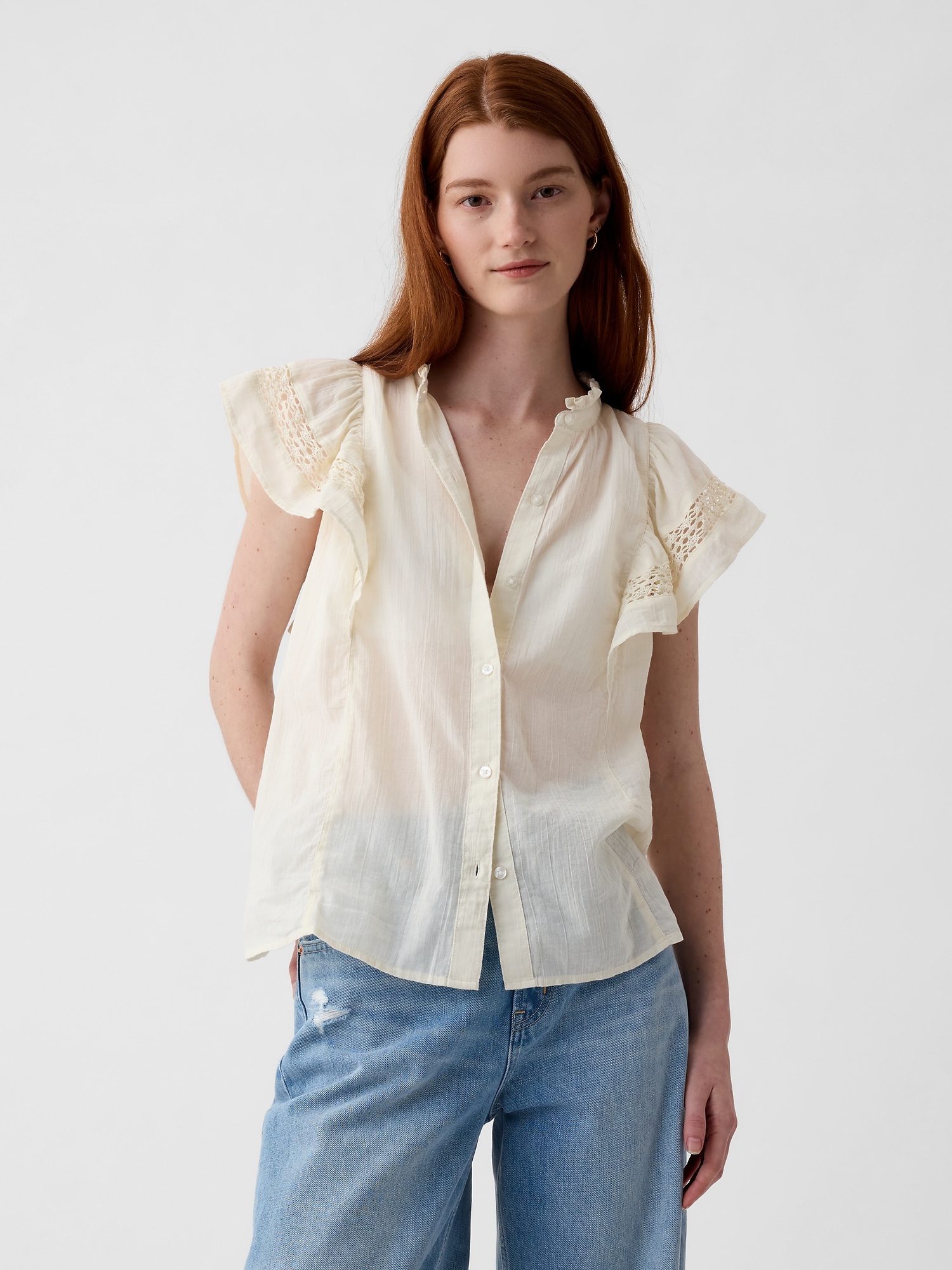 Crinkle Gauze Flutter Sleeve Shirt