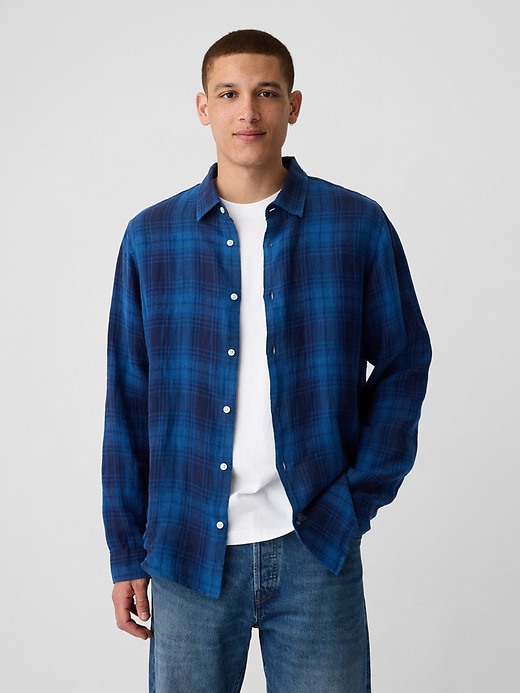 1 of 8 showing, with the color dark indigo plaid of product Linen Shirt