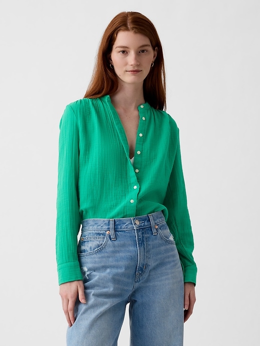 1 of 8 showing, with the color simply green of product Crinkle Gauze Shirt