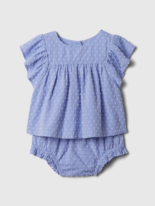 1 of 8 showing, with the color chambray of product Baby Ruffle Outfit Set