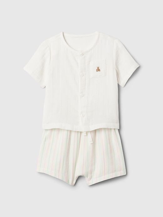 1 of 8 showing, with the color multi stripe of product Baby Crinkle Gauze Outfit Set