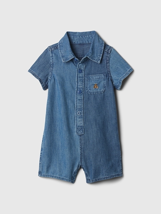 1 of 8 showing, with the color chambray of product Baby Denim Shorty One-Piece