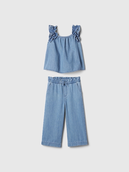 1 of 8 showing, with the color medium indigo of product babyGap Ruffle Denim Outfit Set