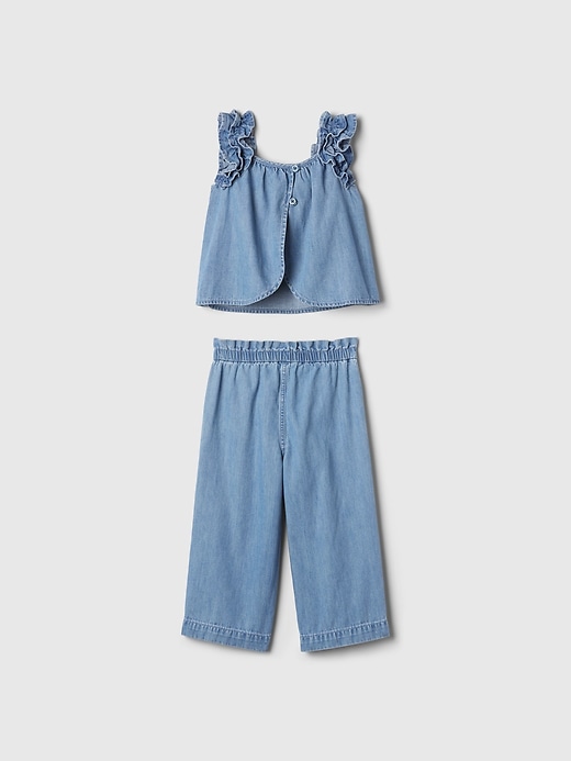 2 of 8 showing, with the color medium indigo of product babyGap Ruffle Denim Outfit Set