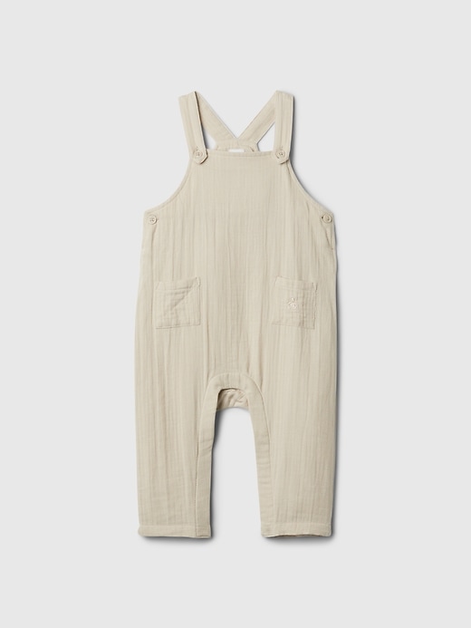 1 of 8 showing, with the color bedrock beige of product Baby Crinkle Gauze Overalls